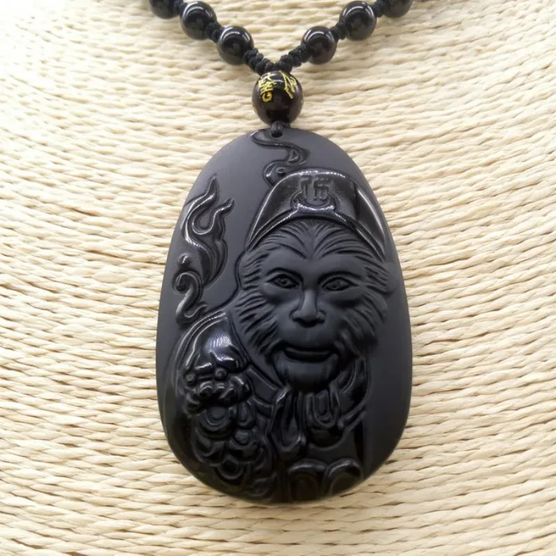 Men'S Fashion Necklaces - Natural Obsidian Sun WuKong Pendant Monkey