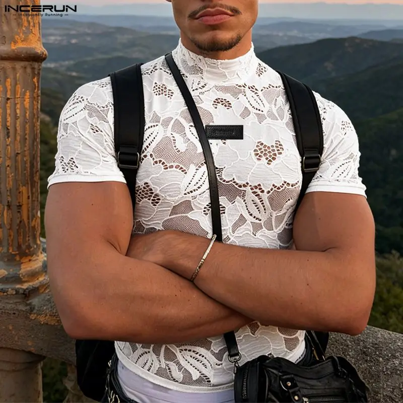 INCERUN Men's T Shirt Lace See - огляд і ціна Mens Fashion Casual 2026