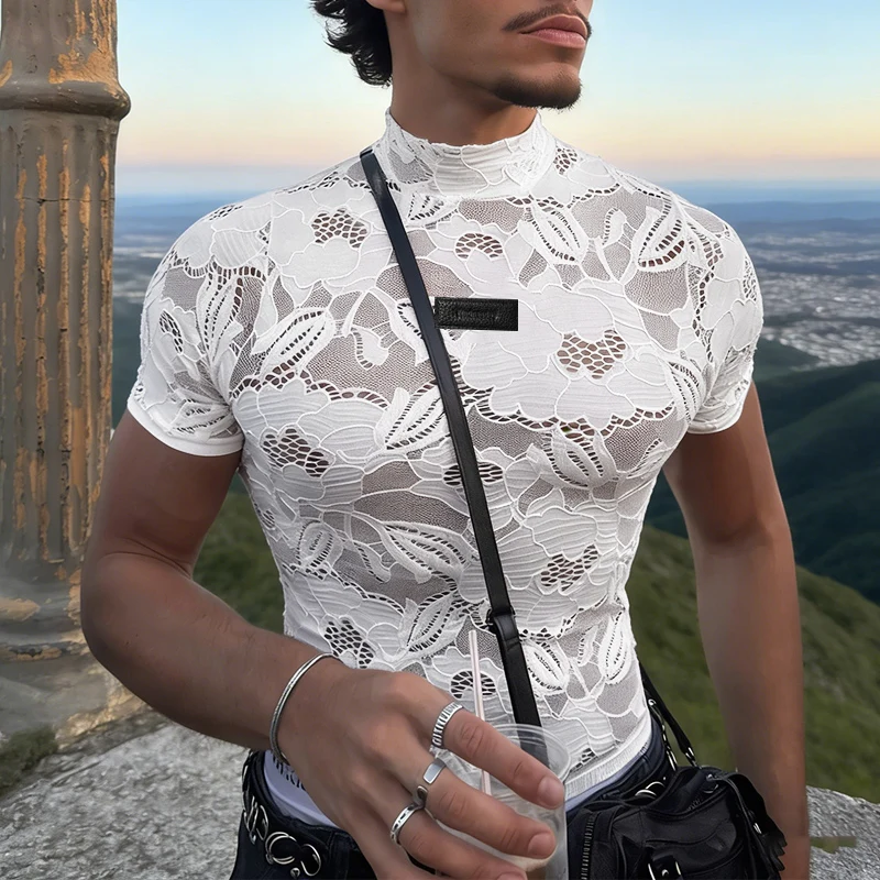 INCERUN Men's T Shirt Lace See - огляд і ціна Mens Fashion Casual 2026