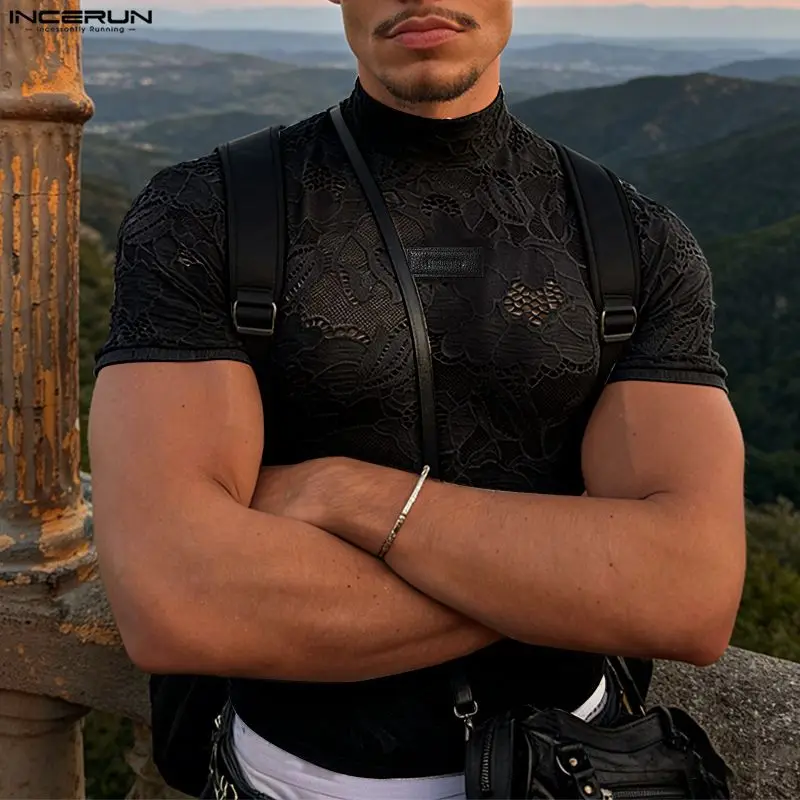 INCERUN Men's T Shirt Lace See - огляд і ціна Mens Fashion Casual 2026