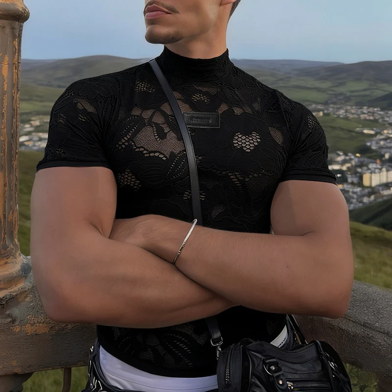 INCERUN Men's T Shirt Lace See - огляд і ціна Mens Fashion Casual 2026
